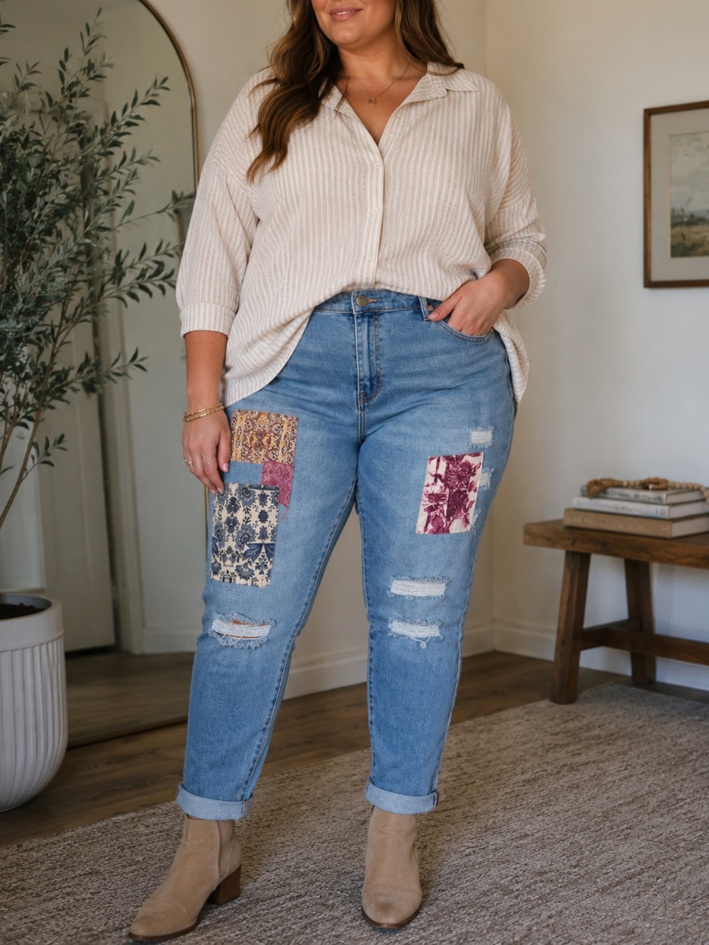 Lane Bryant Blue Patchwork Boyfriend Jeans